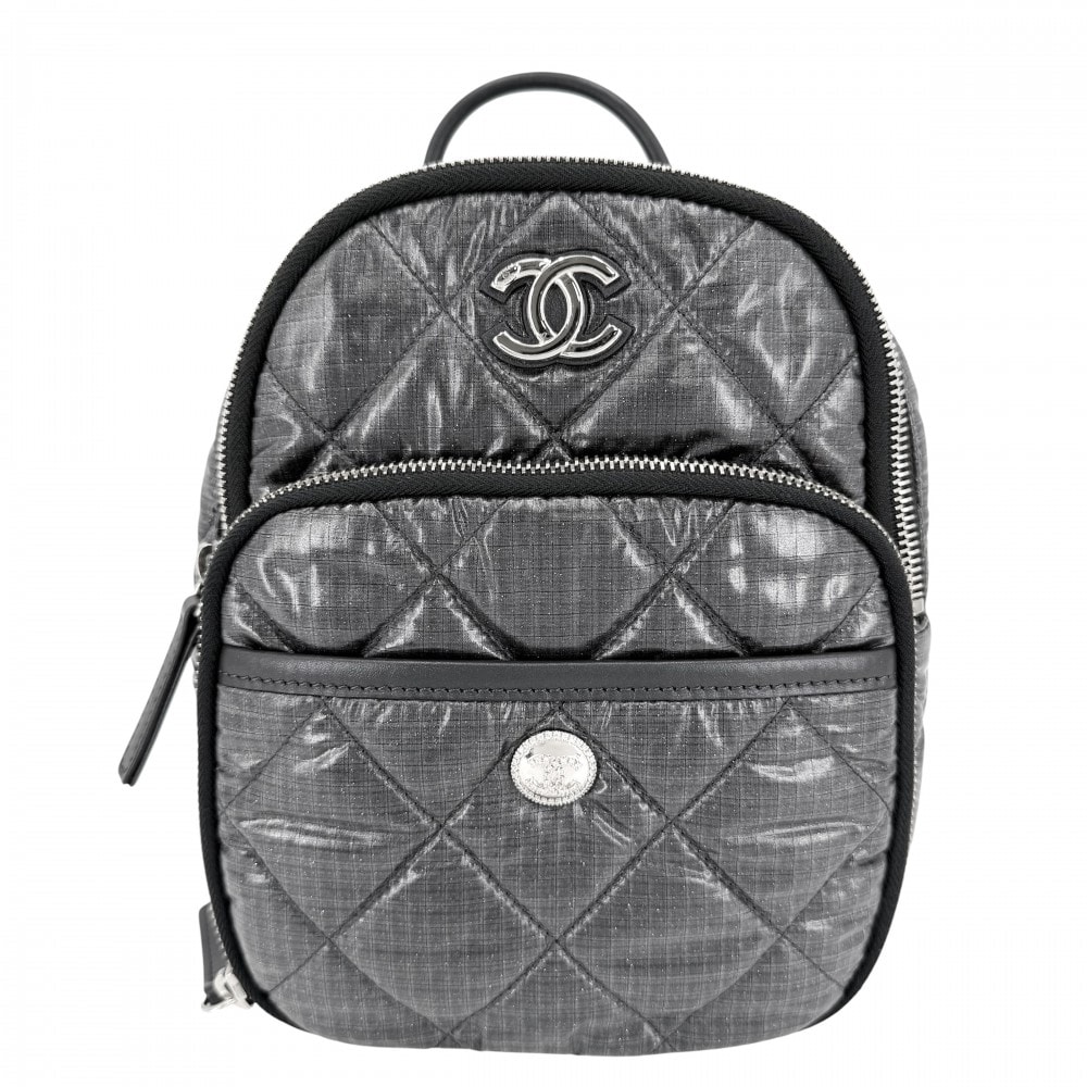 CHANEL シャネル リュック マトラッセ ココ ネージュ チェーンショルダー ラメ バックパック ココマーク ナイロン    グレー シルバー金具 レディース 美品【中古品】