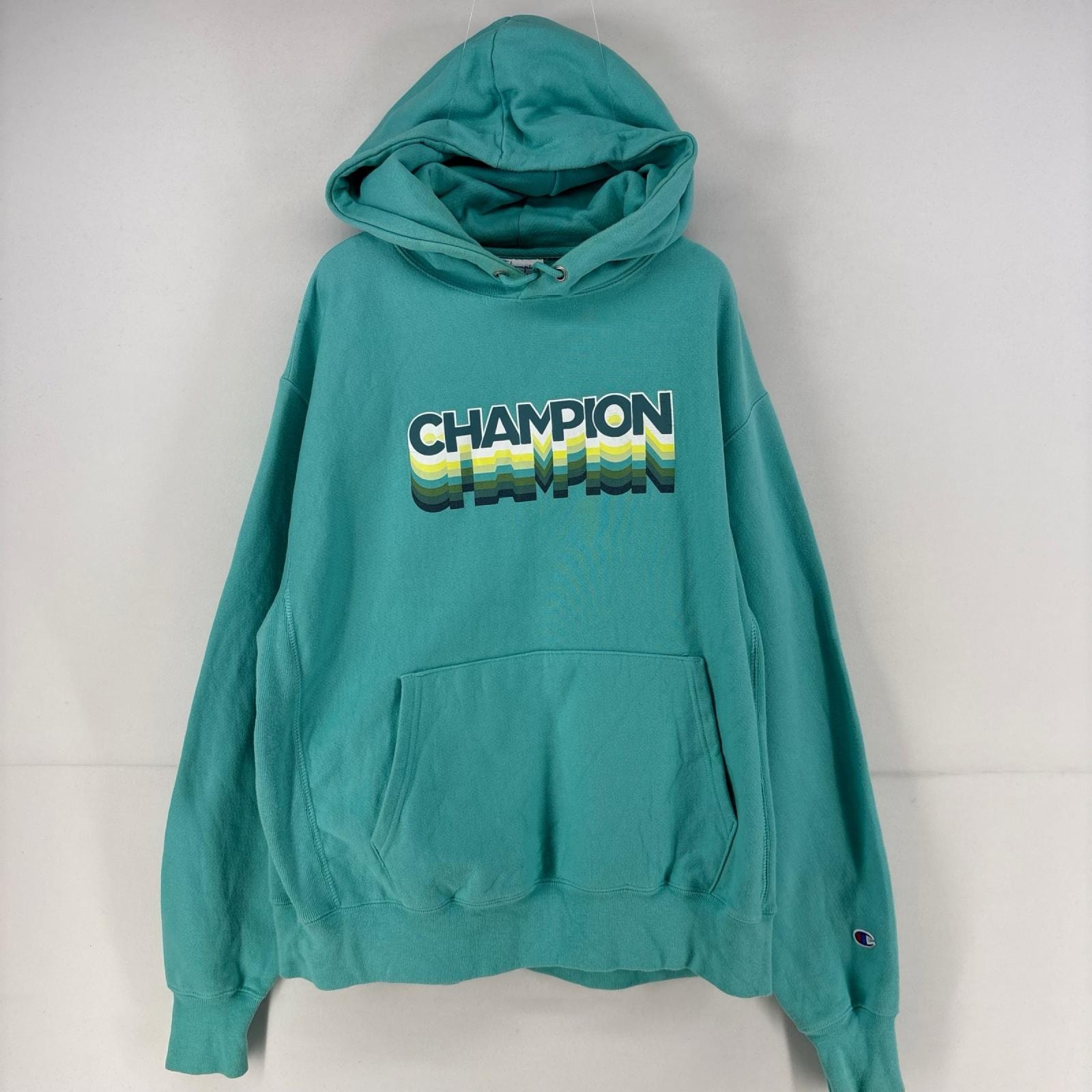 古着 チャンピオン Champion パーカー プルオーバー ロゴ リバースウィーブ プリント L  ブルー系 プリント メンズ