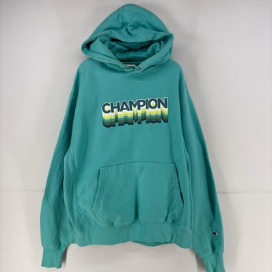 古着 チャンピオン Champion パーカー プルオーバー ロゴ リバースウィーブ プリント L ブルー系 プリント メンズ