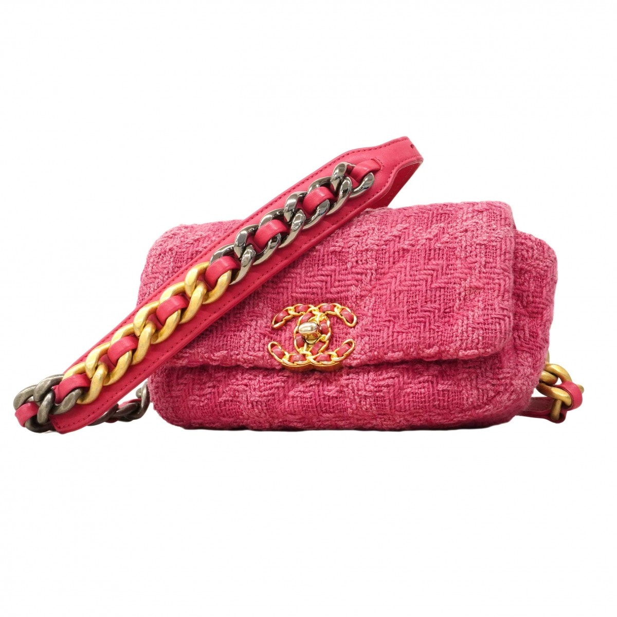 【6dd4046-k】シャネル ショルダーバッグ シャネル19 ツイード ピンク ゴールド/シルバー金具【中古】レディース