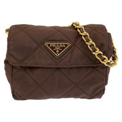 美品 PRADA プラダ 三角ロゴプレート ブラウン ゴールド金具 ナイロン チェーンショルダーバッグ ポシェット 604715 【中古】