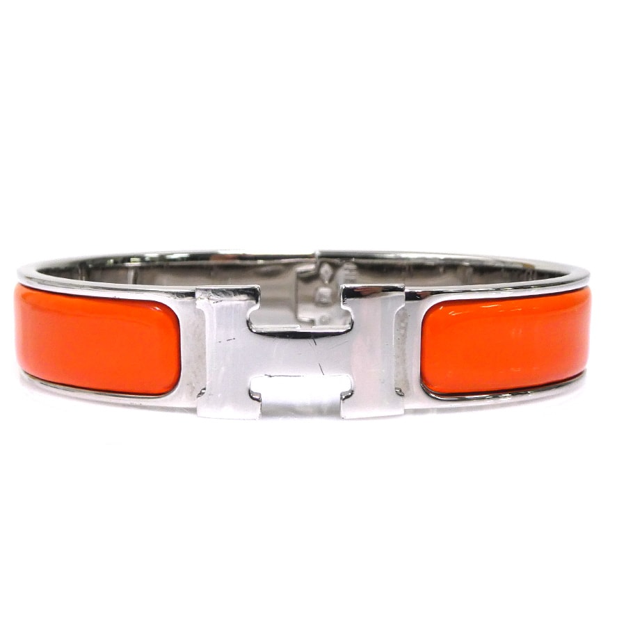 エルメス HERMES バングル ブレスレット クリッククラック H メタル/エナメル シルバー/オレンジ レディース【中古】 e62296i