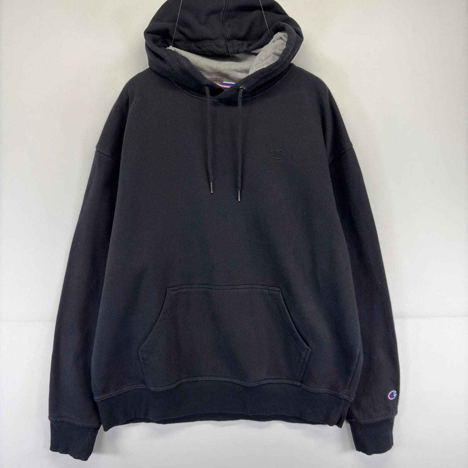 古着 チャンピオン Champion パーカー プルオーバー 大きいサイズ ワンポイント スウェット フード XL  ブラック メンズ