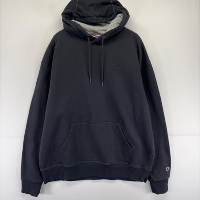 古着 チャンピオン Champion パーカー プルオーバー 大きいサイズ ワンポイント スウェット フード XL ブラック メンズ