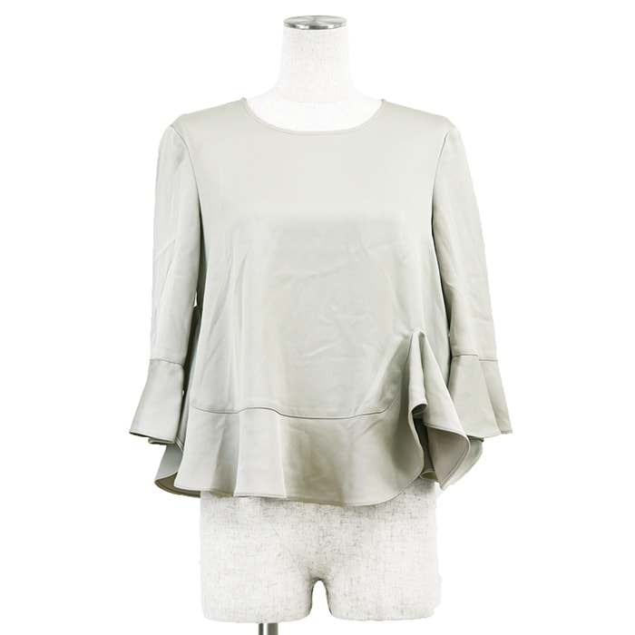 SALE【美品】ARMANI COLLEZIONI アルマーニコレッツォーニ ブラウス フリル サイズ 36 レディース クルーネック ショートスリーブ トップス ボタン付属 グレー 灰色