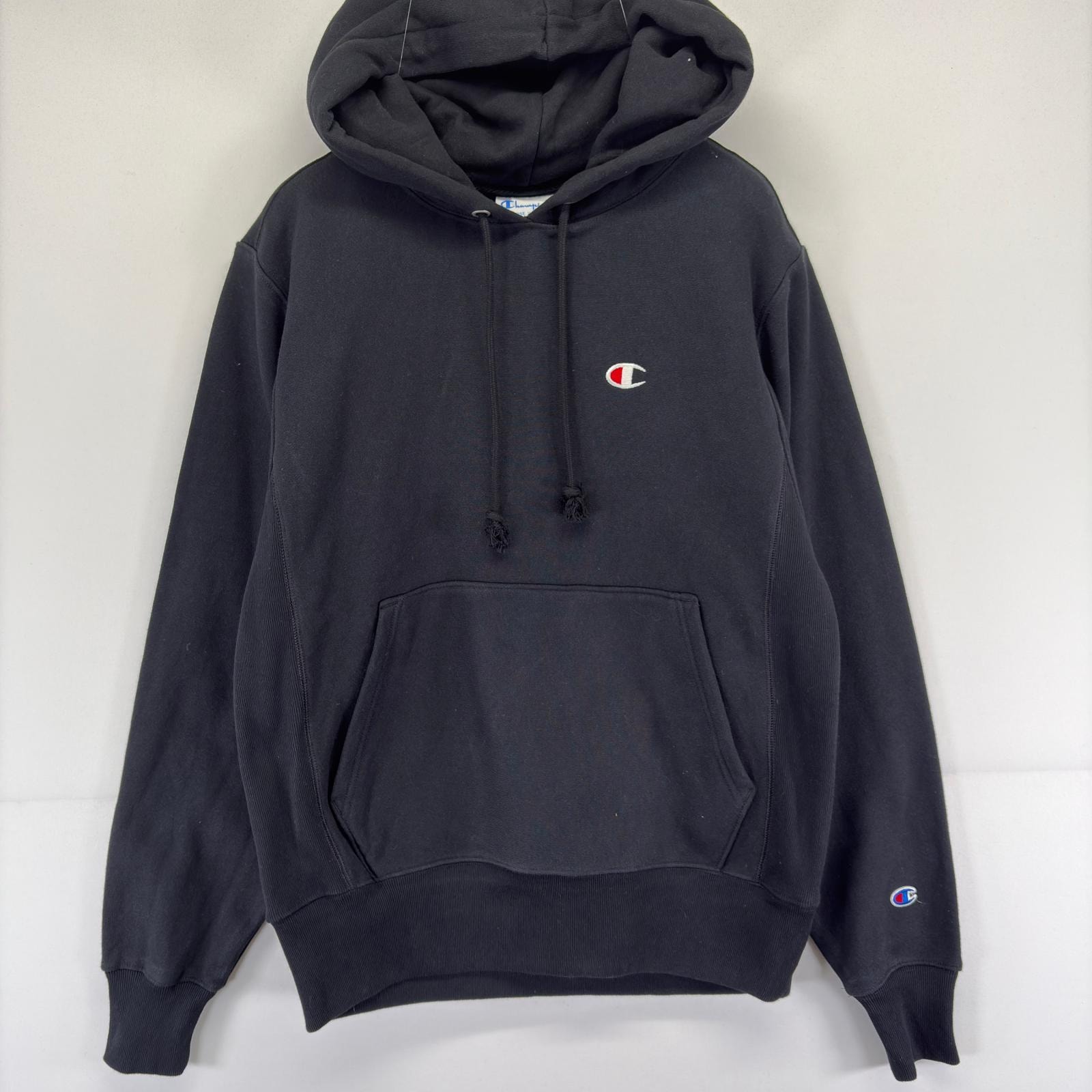 古着 チャンピオン Champion パーカー スウェット プルオーバー ワンポイント 刺繍 プリント リバースウィーブ 裏起毛 S  ブラック メンズ