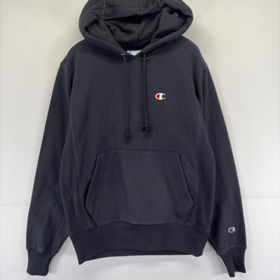 古着 チャンピオン Champion パーカー スウェット プルオーバー ワンポイント 刺繍 プリント リバースウィーブ 裏起毛 S ブラック メンズ