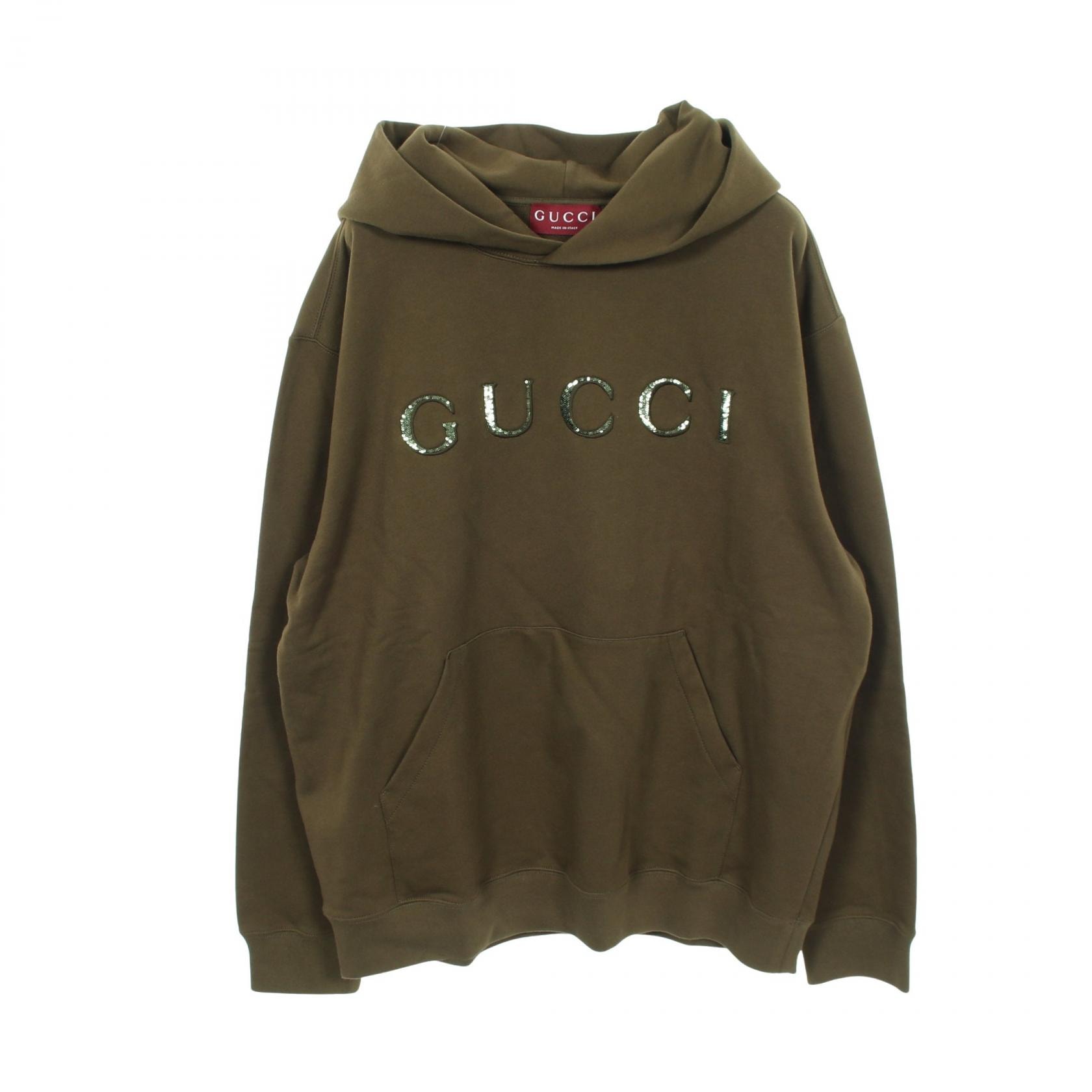 グッチ GUCCI スパンコールロゴ フーディ パーカー 衣料品 トップス コットン メンズ カーキ系 854254 【中古】
