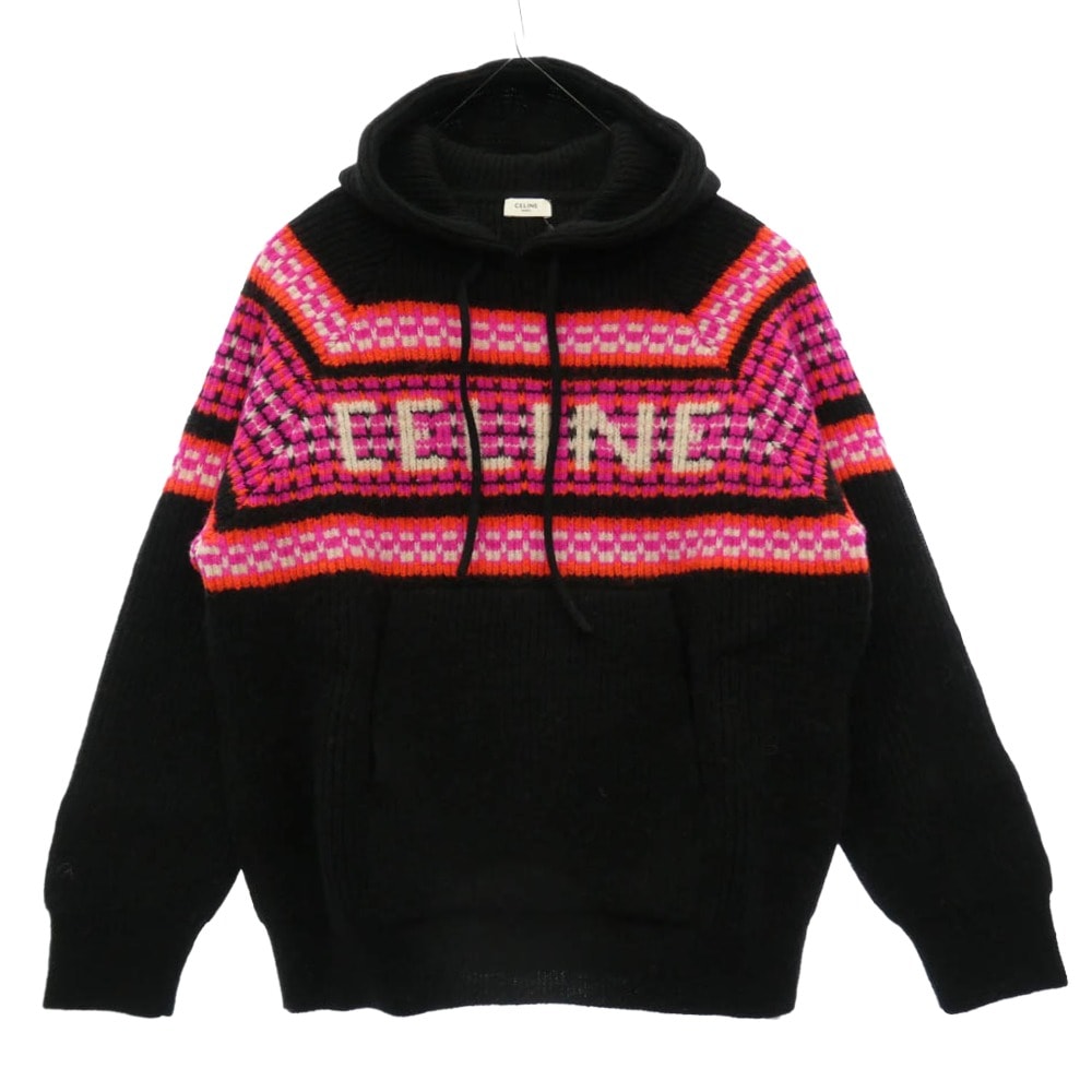 CELINE セリーヌ 22AW 2AC23579S Ski Jacquard Hooded Wool Knit Hoodie スキー ジャガード フーデッド ウール ニット ロゴ フーディー パーカー ブラック系 S【新古品】【未使用】【中古】