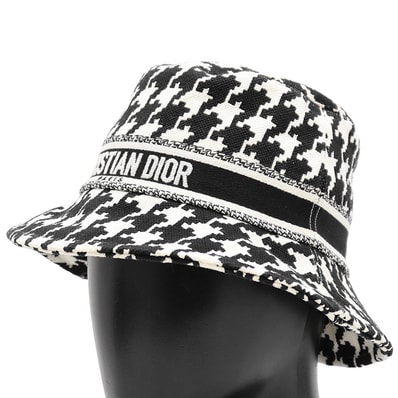 【美品】Christian Dior クリスチャンディオール ボブハット サイズ 57 レディース ハウンドトゥース シグネチャー ロゴバンド コットン100% バケットハット 帽子 小物 ホワイト ブラック 黒 白 総柄 イタリア製