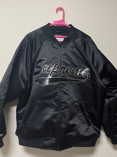 Supreme Mitchell & Ness Sequin Logo Varsity Jacket "Black"