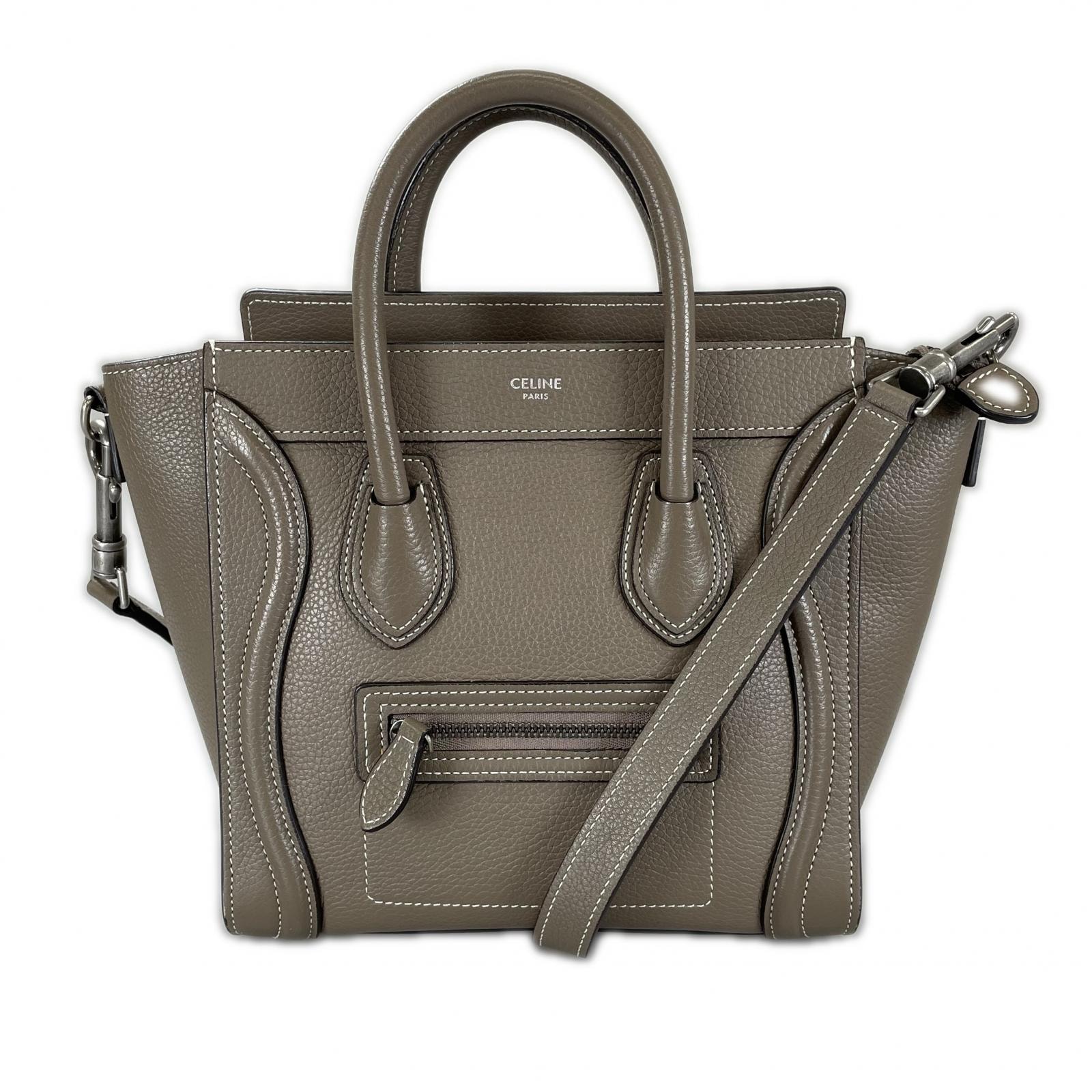 美品 CELINE セリーヌ ラゲージナノショッパー ハンドバッグ レザー グレージュ レディース 2WAY【中古】