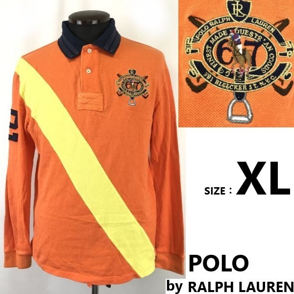 90s-00s★POLO RALPH LAUREN★ラガーシャツ/長袖ポロシャツ【メンズXL/オレンジ】刺繍/ラグビー/ジャージ/TOPS/SHIRTS/Vintage◆sBH946
