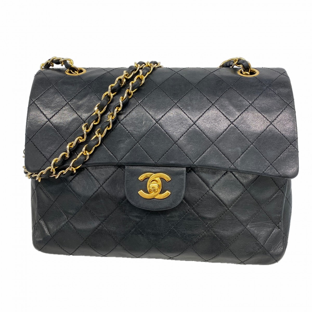 【6fa0391-h】シャネル ショルダーバッグ マトラッセ Wフラップ Wチェーン ラムスキン ブラック ゴールド金具【中古】レディース