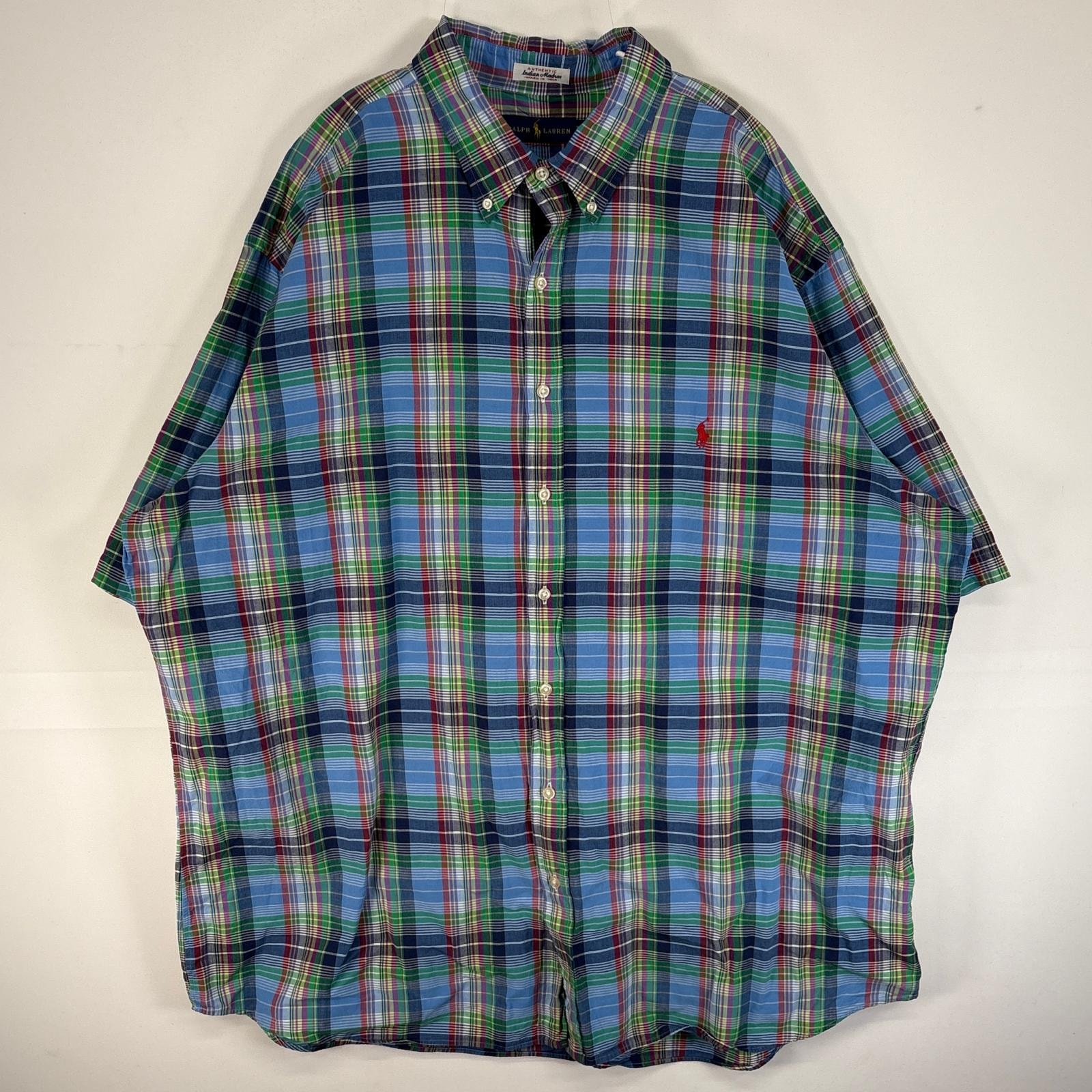 古着 ラルフローレン RALPH LAUREN 半袖シャツ ロゴ 刺繍 authentic indian madras  大きいサイズ 薄手 マドラス チェック 2XL  ブルー系 マルチカラー メンズ