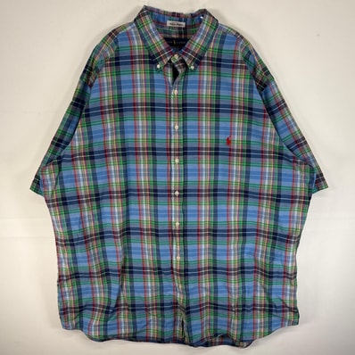 古着 ラルフローレン RALPH LAUREN 半袖シャツ ロゴ 刺繍 authentic indian madras 大きいサイズ 薄手 マドラス チェック 2XL ブルー系 マルチカラー メンズ