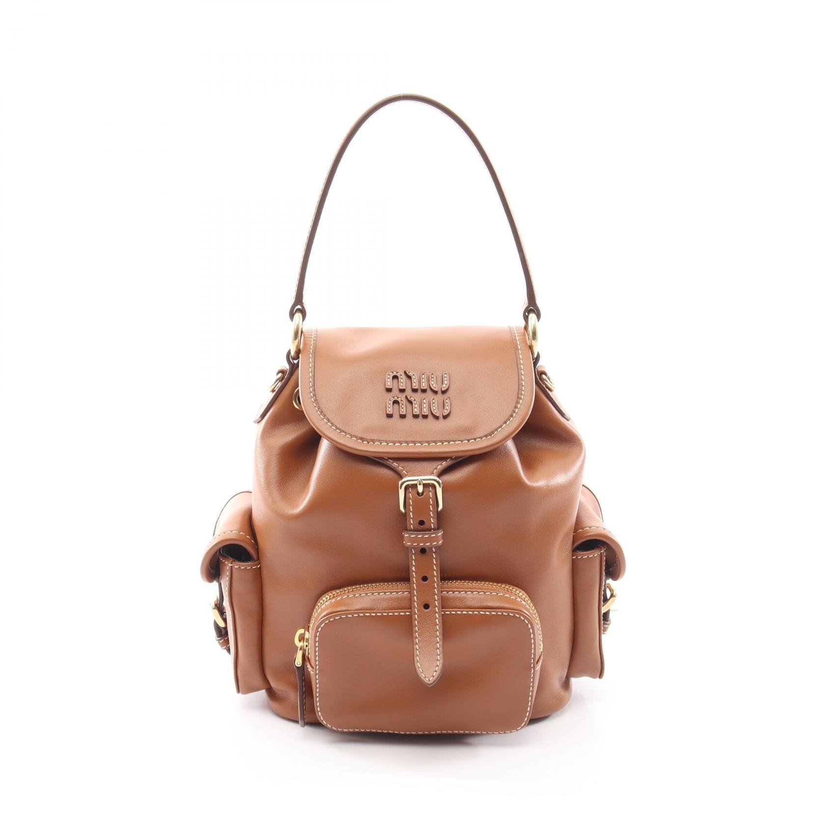 ミュウ ミュウ Miu Miu ミディアム リュックサック バックパック バッグ レザー レディース ブラウン系 5BZ043 【中古】