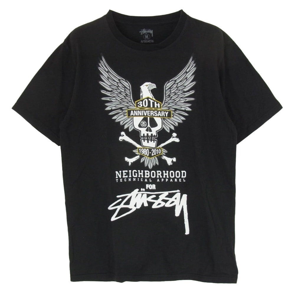 STUSSY ステューシー Tシャツ 10SS 30周年記念 × NEIGHBORHOOD ネイバーフッド イーグル スカル プリント Tシャツ 半袖カットソー ブラック系 M【中古】