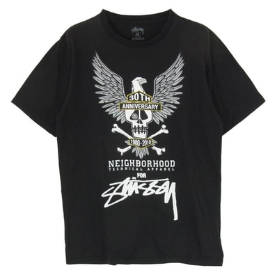 STUSSY ステューシー Tシャツ 10SS 30周年記念 × NEIGHBORHOOD ネイバーフッド イーグル スカル プリント Tシャツ 半袖カットソー ブラック系 M【中古】