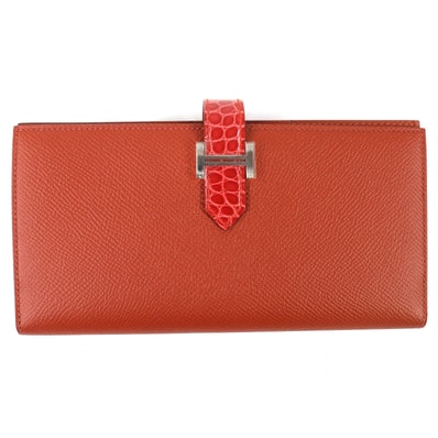 未使用 エルメス 長財布 ベアンスフレタッチ ブリック サンギーヌ アリゲーター