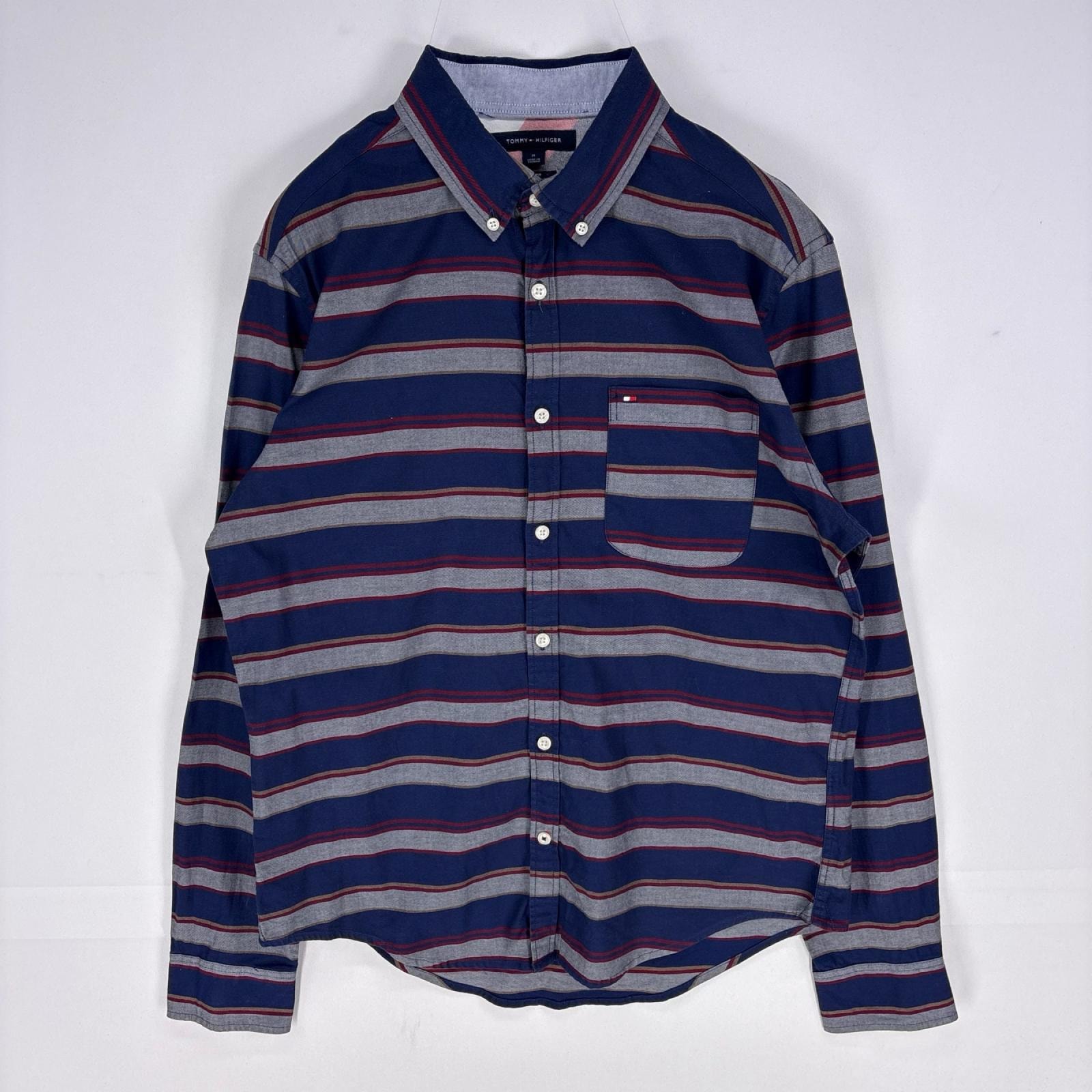 古着 トミーヒルフィガー TOMMY HILFIGER 長袖シャツ ボタンダウン ロゴ刺繍 ワンポイント 胸ポケット M  ネイビー系 ボーダー メンズ