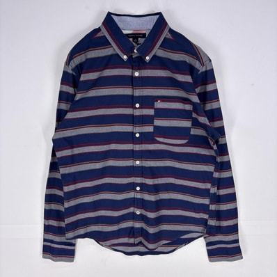 古着 トミーヒルフィガー TOMMY HILFIGER 長袖シャツ ボタンダウン ロゴ刺繍 ワンポイント 胸ポケット M ネイビー系 ボーダー メンズ