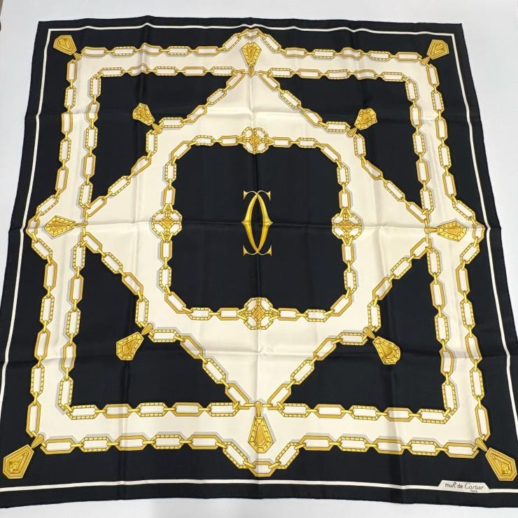 CARTIER マスト ドゥ カルティエ シルクスカーフ ヴィンテージ ブラック 鑑定済み 正規品 カルティエ