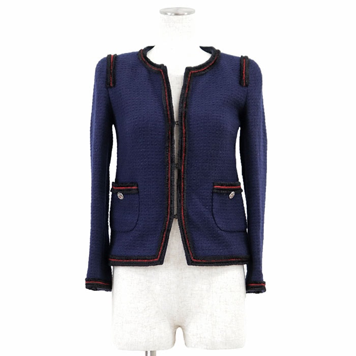 CHANEL シャネル ジャケット ツイード 09A P36021 2009年製 COCOマーク ロゴ ボタン パイピング ノーカラー ウール100% アウター ハンガー付属 レディース サイズ 34 ネイビー 紺 フランス製 カール・ラガーフェルド期