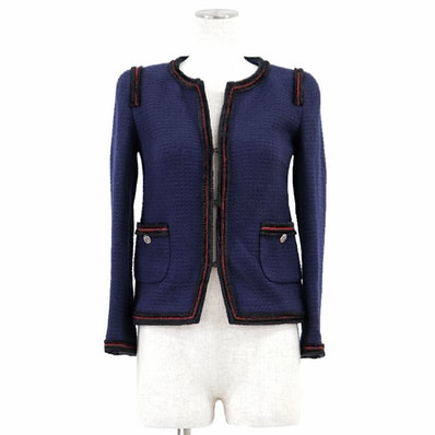 CHANEL シャネル ジャケット ツイード 09A P36021 2009年製 COCOマーク ロゴ ボタン パイピング ノーカラー ウール100% アウター ハンガー付属 レディース サイズ 34 ネイビー 紺 フランス製 カール・ラガーフェルド期