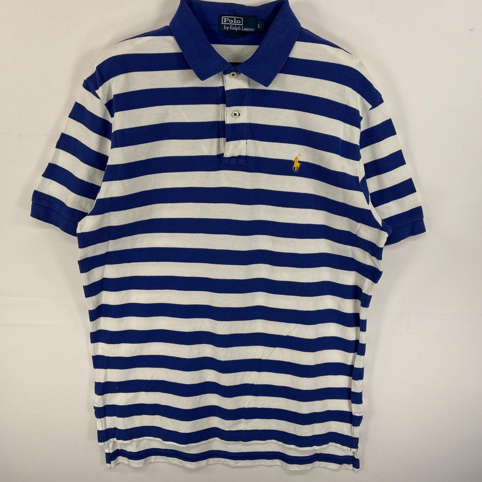 古着 90's/90年代 ポロバイラルフローレン Polo by Ralph Lauren ポロシャツ ワンポイント ロゴ 刺繍 2ボタン スリット L  ホワイト系 ボーダー メンズ