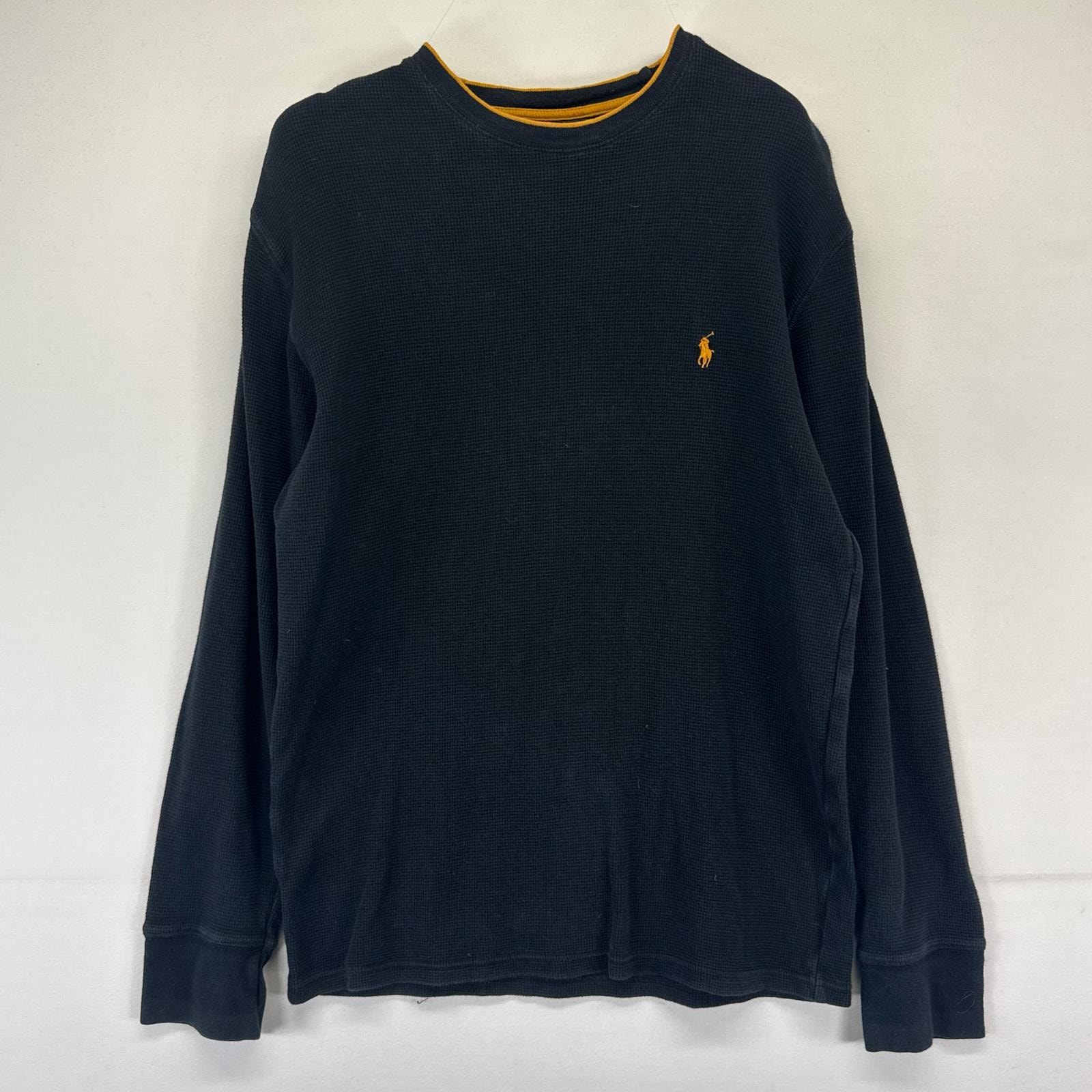 古着 ポロ・ラルフローレン POLO RALPH LAUREN ニット ワンポイントロゴ クルーネック サーマル ロンT M  ブラック系 メンズ