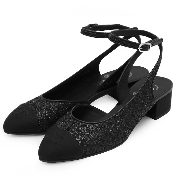 【新品同様】CHANEL シャネル パンプス サイズ 38C レディース G37594 レザー × グリッターファブリック ストラップ シューズ 靴 ブラック 黒 イタリア製
