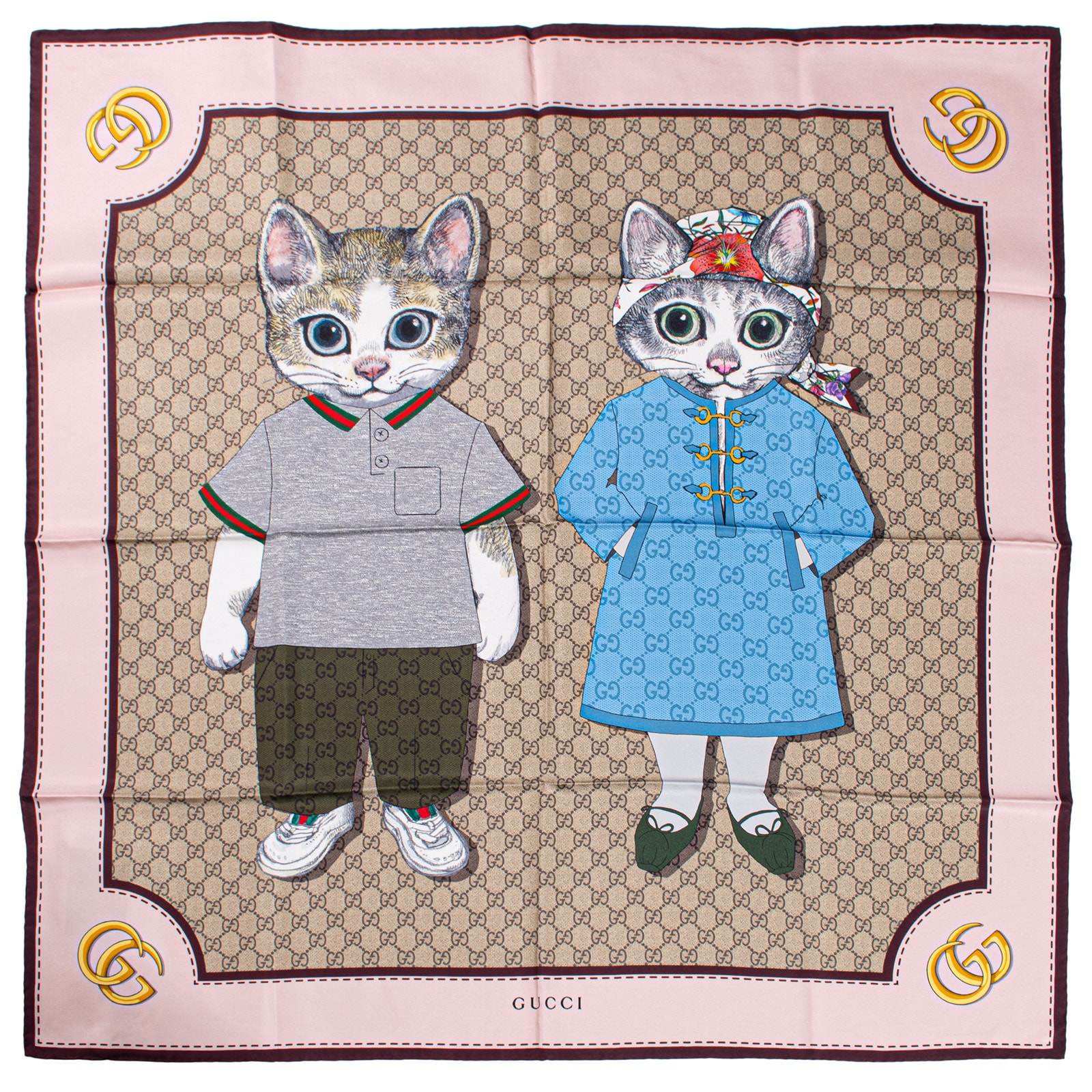 GUCCI グッチ プリント シルク スカーフ BO & BORIS 848288 3G001 6172 ヒグチユウコ 日本限定 シルク ピンク ベージュ【中古】