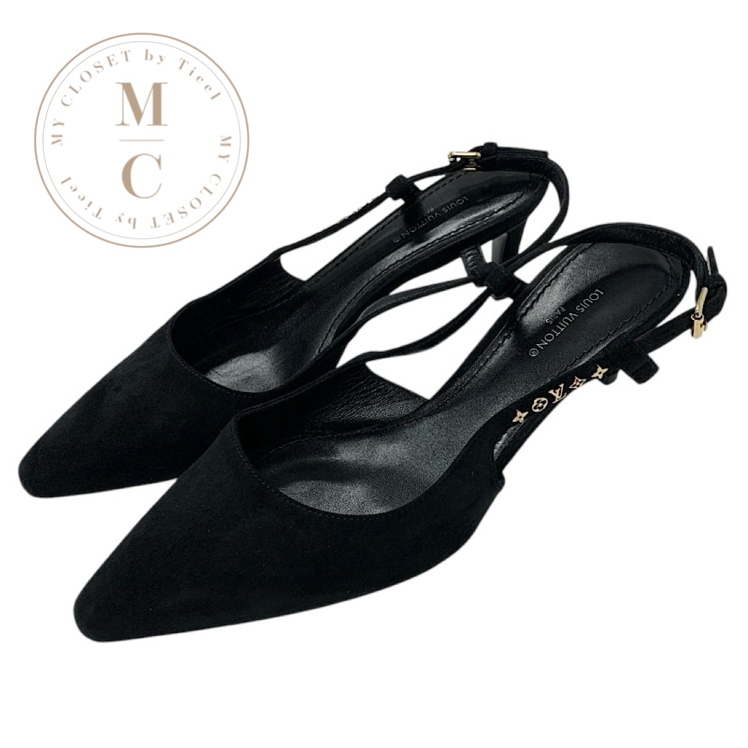 ルイヴィトン LOUIS VUITTON シグネチャーライン パンプス 靴 シューズ スエード ブラック 黒 ゴールド モノグラムスタッズ スリングバック