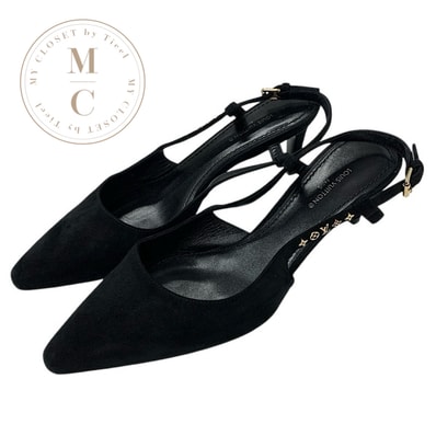 ルイヴィトン LOUIS VUITTON シグネチャーライン パンプス 靴 シューズ スエード ブラック 黒 ゴールド モノグラムスタッズ スリングバック