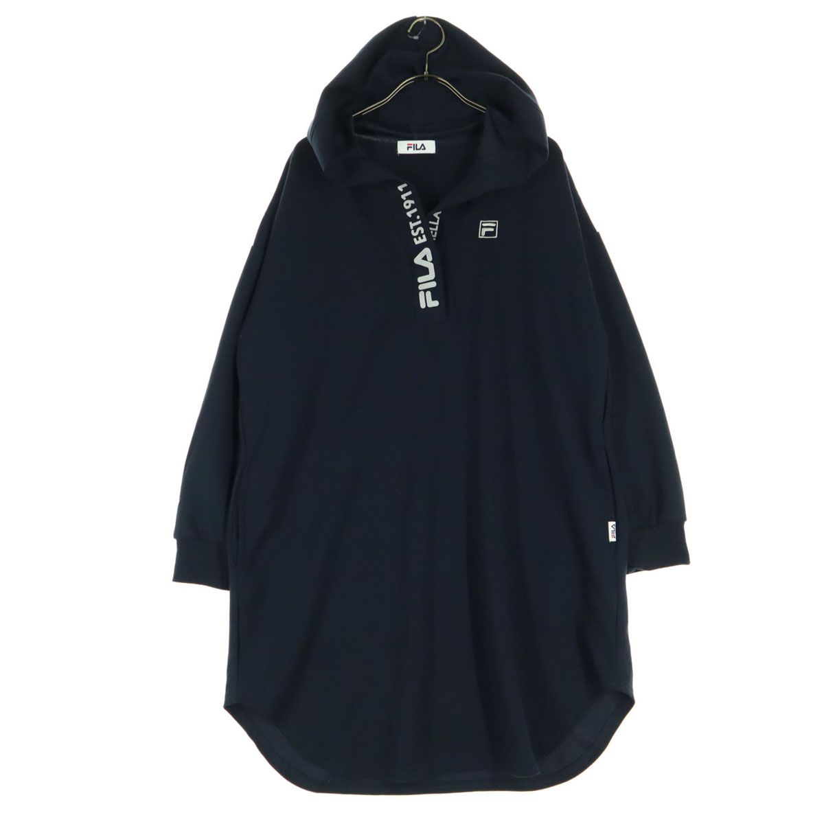 美品 FILA フィラ 長袖 膝丈ワンピース L ネイビー フーディー