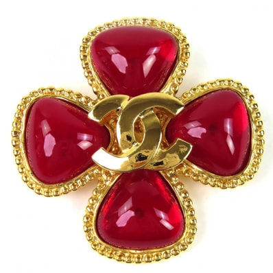 極美品 シャネル グリポア ココマーク フラワーブローチ ゴールド 赤 96A