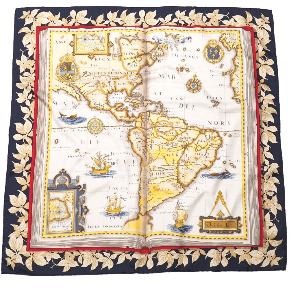 ■美品■Christian Dior クリスチャンディオール ヴィンテージ スカーフ 地図柄 シルクツイル 大判 イタリア製 ブランド古着【中古】20260902/RB0317
