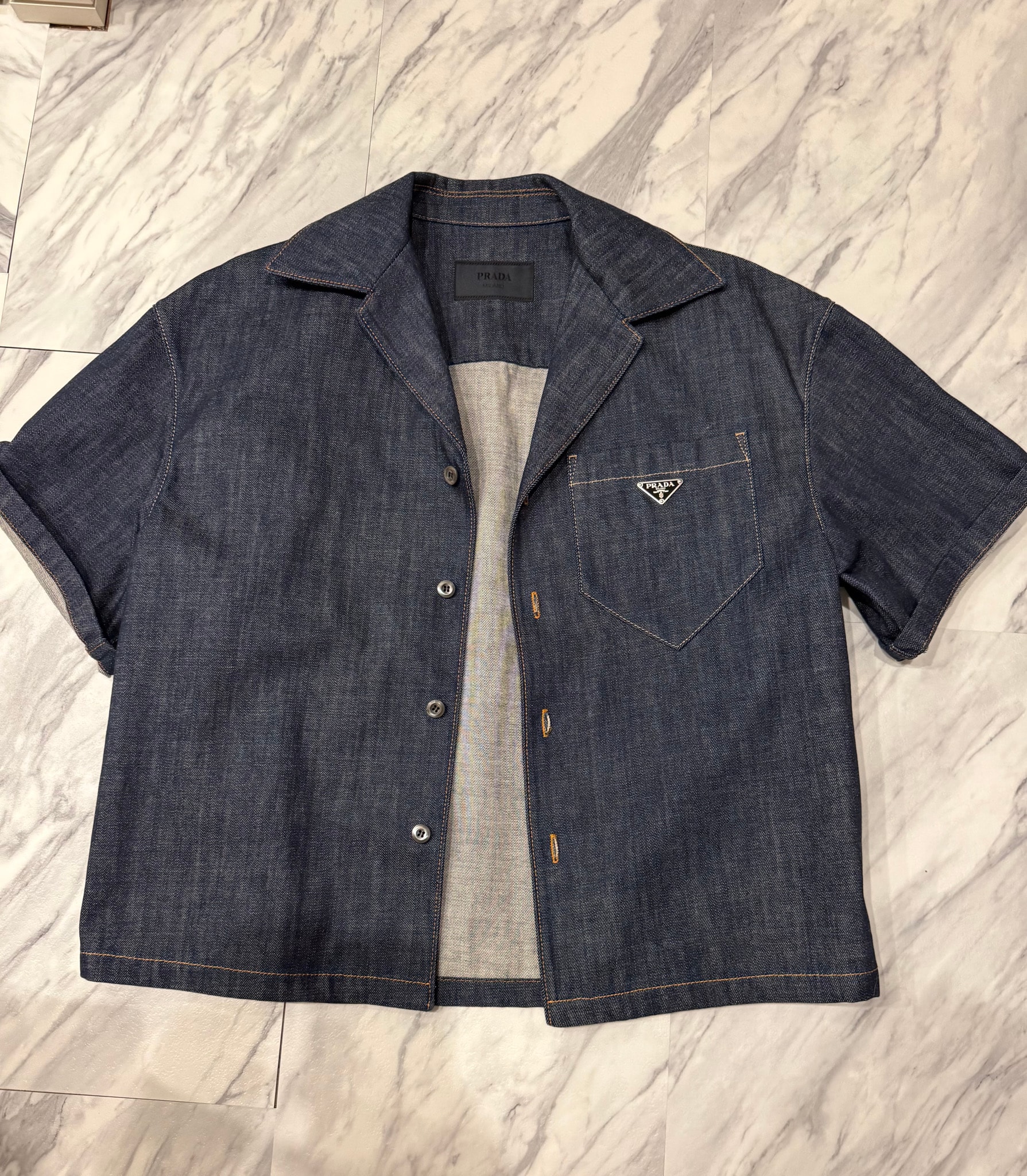 PRADA Men's Short-Sleeved Selvedge Denim Shirt "Navy"