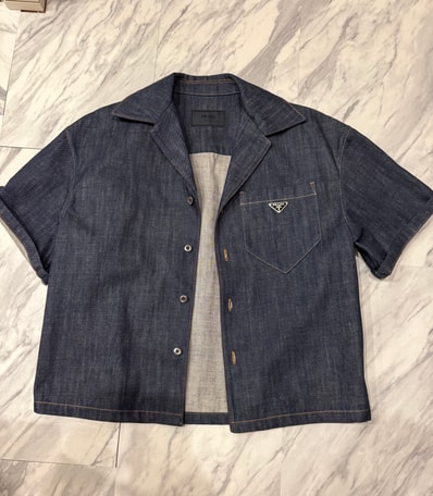 PRADA Men's Short-Sleeved Selvedge Denim Shirt "Navy"