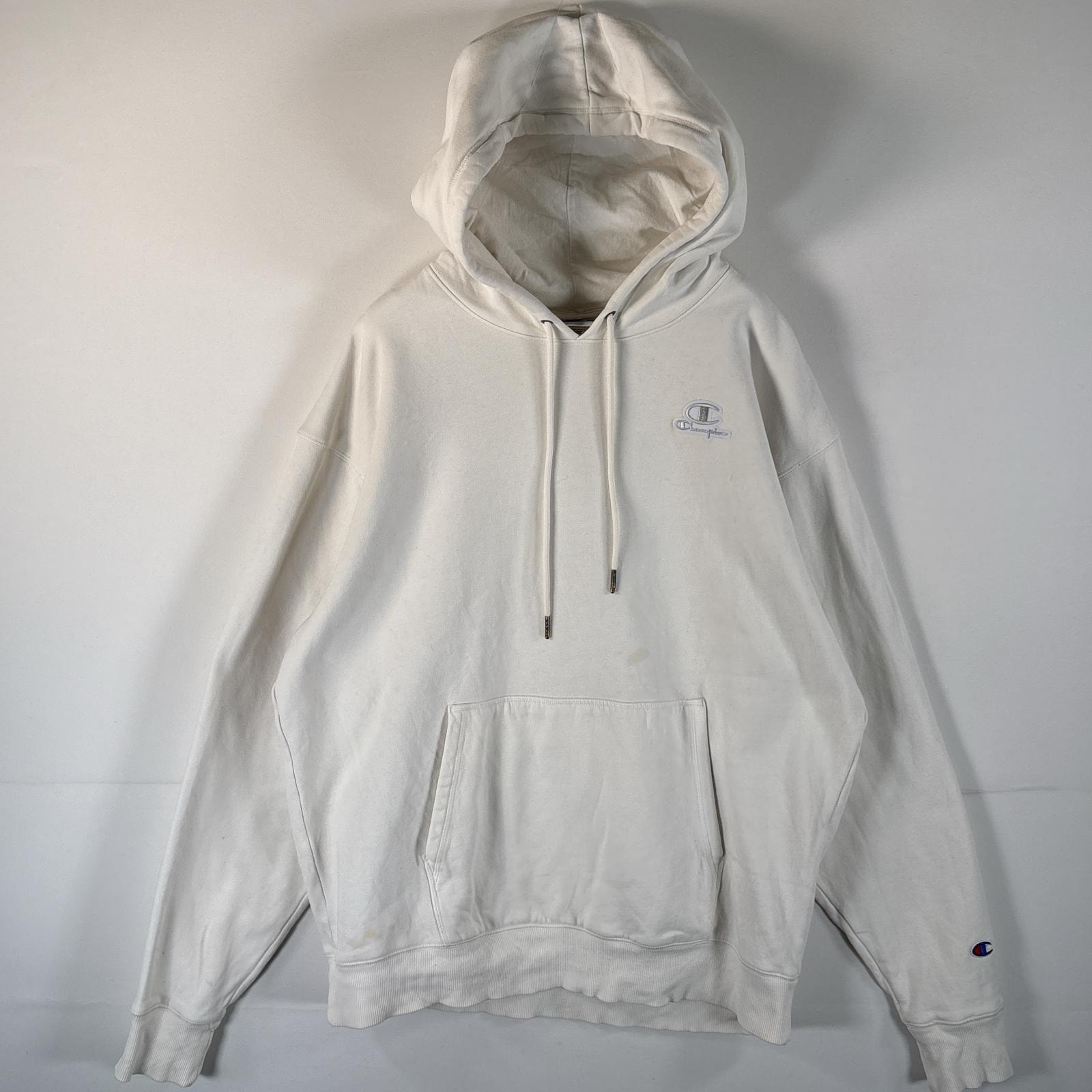 古着 チャンピオン Champion パーカー プルオーバー フーディー ワンポイントロゴ ワッペン マフポケット フード紐 L  ホワイト メンズ