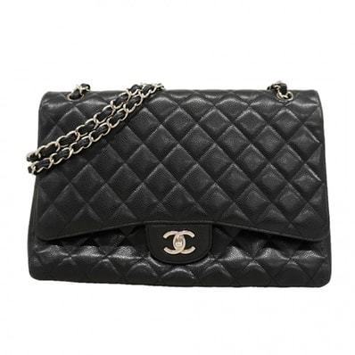★SALE【6fa1229】シャネル ショルダーバッグ デカマトラッセ Wチェーン キャビアスキン ブラック シルバー金具【中古】レディース