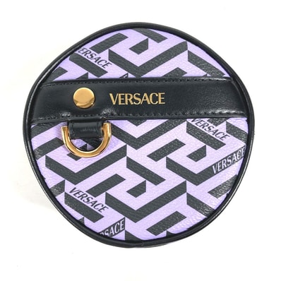 ヴェルサーチ VERSACE 総ロゴ ラグレカ ラウンド メイクポーチ 化粧ポーチ マルチポーチ ポーチ レザー パープル 未使用