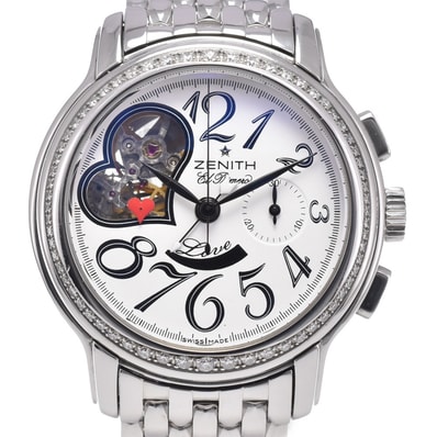 ゼニス ZENITH 16.1230.4021 エルプリメロ オープンハート ダイヤベゼル クロノグラフ シルバー 自動巻き メンズ 良品 腕時計 J#150005