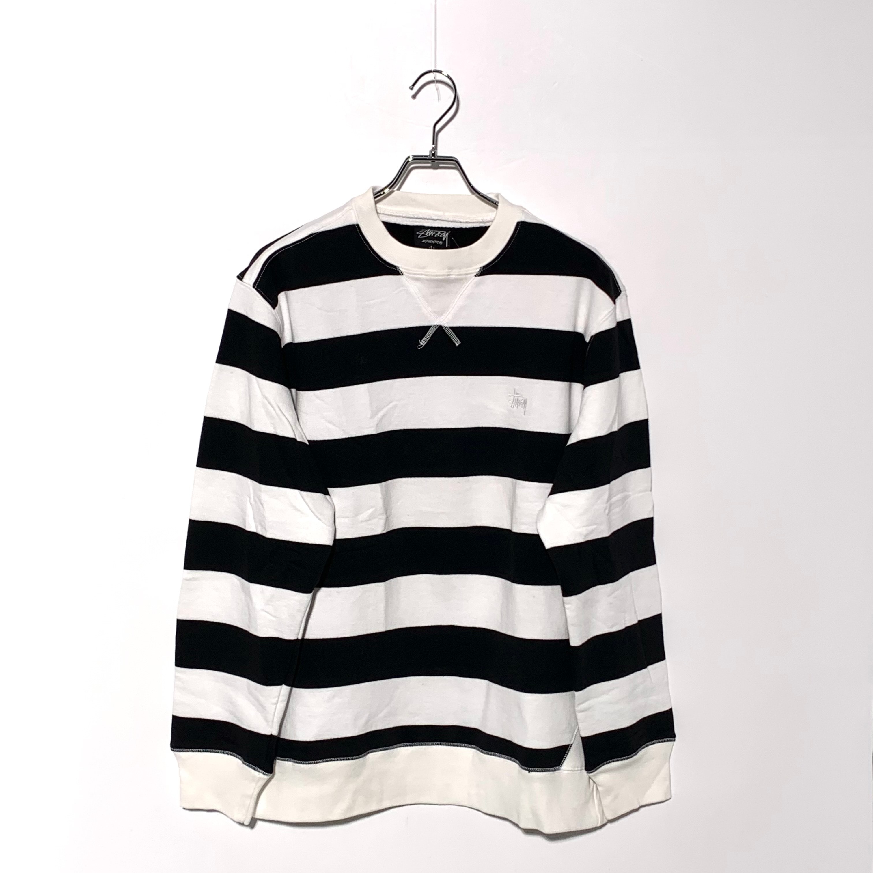 STUSSY BOLD STRIPE CREW NECK SWEAT Black/White
