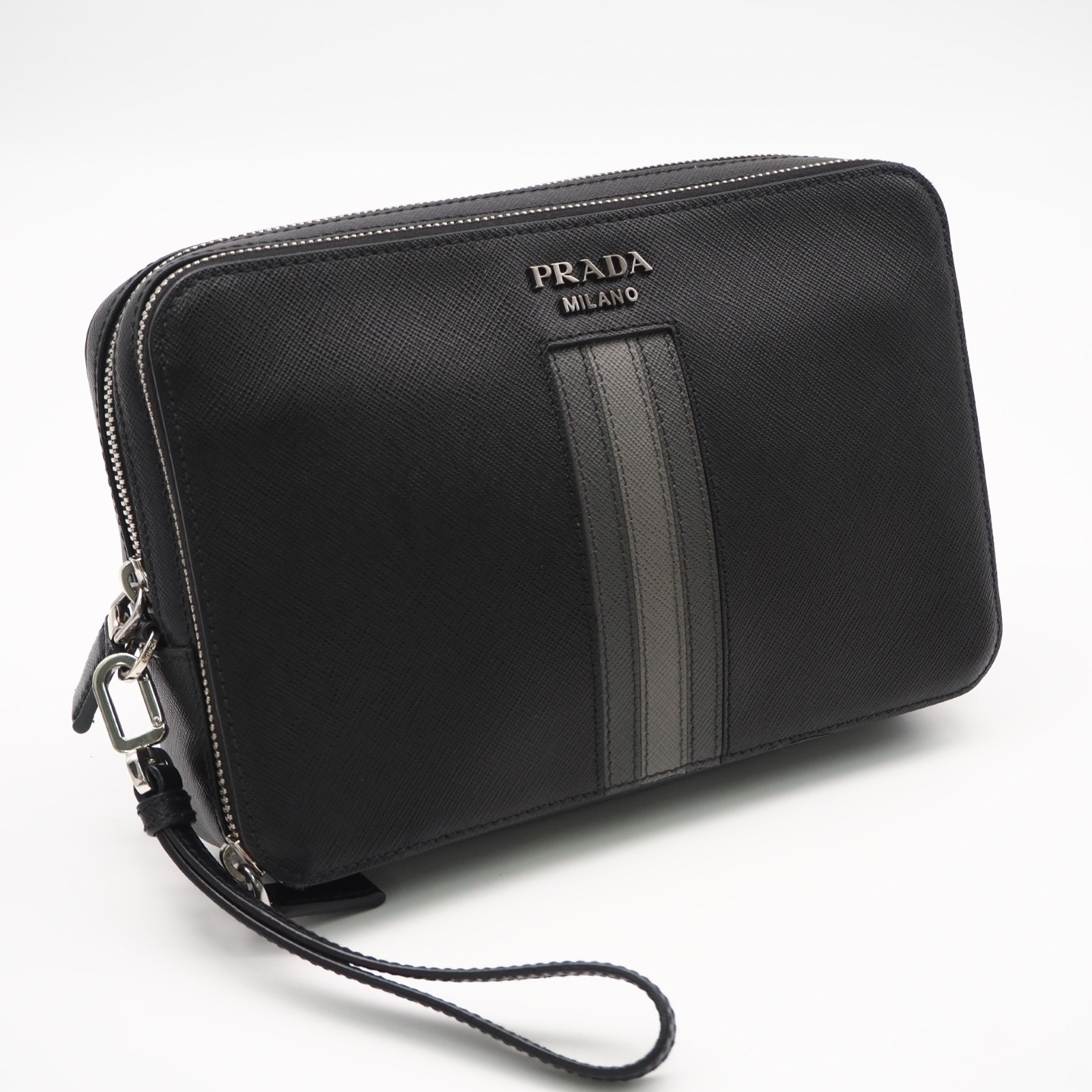美品 PRADA プラダ サフィアーノ セカンドバッグ 2VF052 クラッチバッグ ブラック グレー サフィアーノ メンズ
