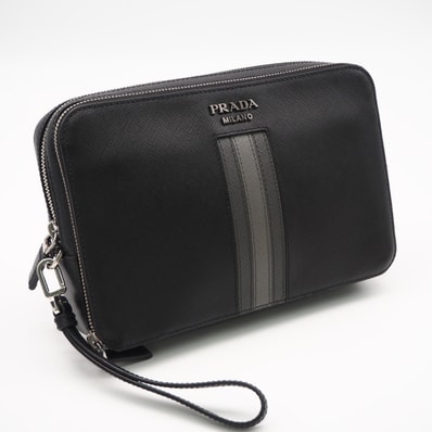 美品 PRADA プラダ サフィアーノ セカンドバッグ 2VF052 クラッチバッグ ブラック グレー サフィアーノ メンズ