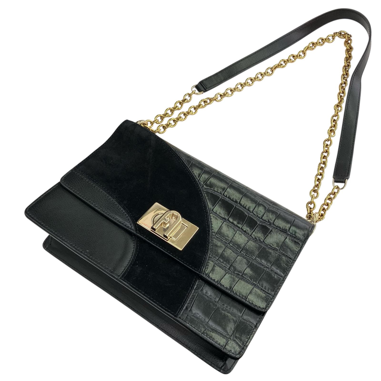 186005 現状品 Furla フルラ チェーンショルダーバッグ クロコ型押しレザー スエード スムースレザー レディース