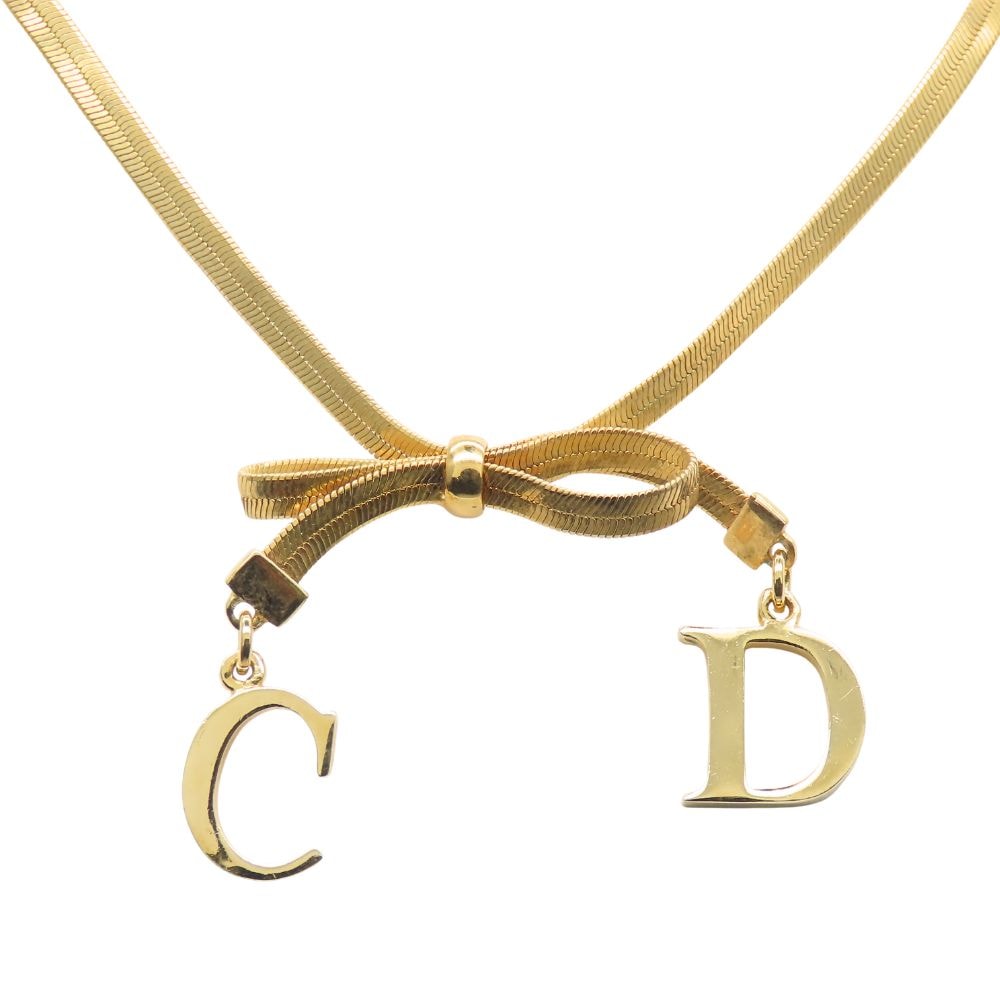 【中古】 クリスチャンディオール ネックレス CDロゴ リボン メタル ゴールド メッキ アクセサリー レディース 女性 Christian Dior