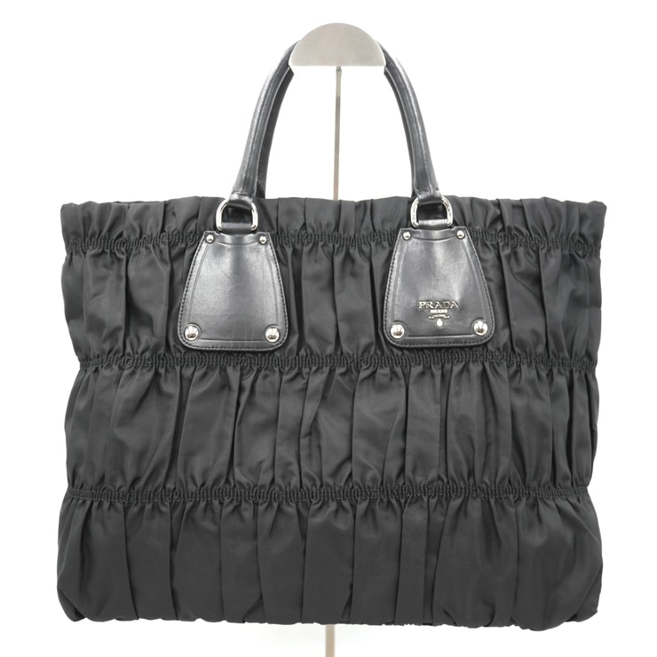 PRADA(プラダ)ギャザー ナイロン トートバッグ ハンドバッグ ブラック レザー シルバー金具 レディース BN1232【中古】